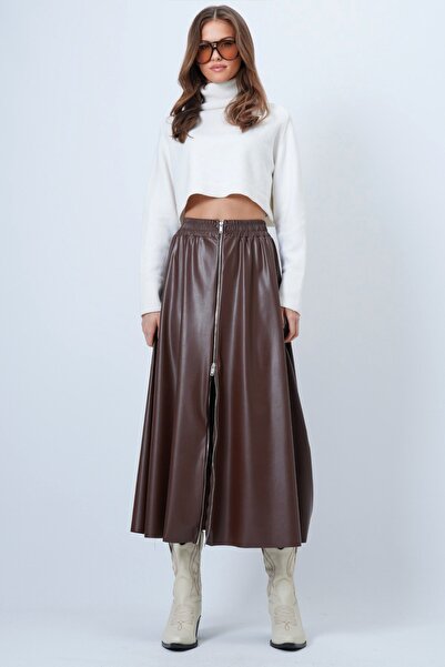 Trend Alaçatı Stili Fusta din piele artificială cu fermoar și talie elastică ...