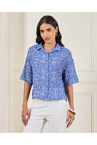 REDTAG Women Blue Printed Button Front Collared Blouse