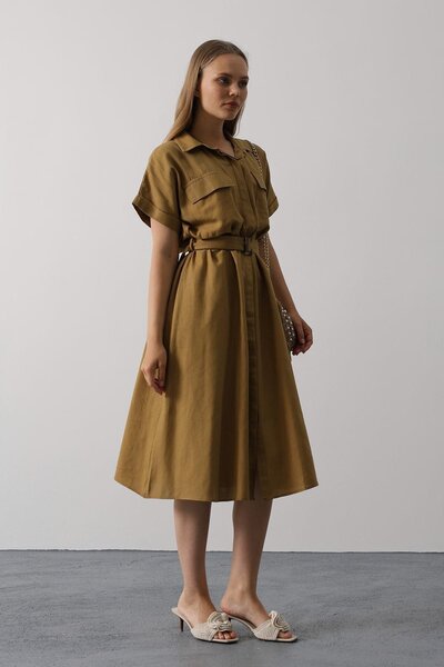 Trend Alaçatı Stili Women's Oil Green Belted Double Pocket Shirt Collar Midi Length Dress Vs00581