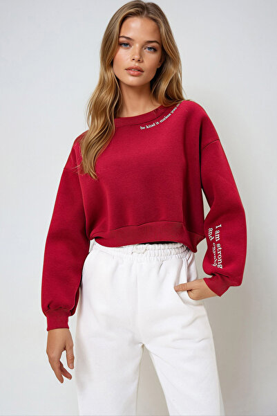 Trend Alaçatı Stili Дамска бордо велосипедна блуза с детайли на врата и три л...