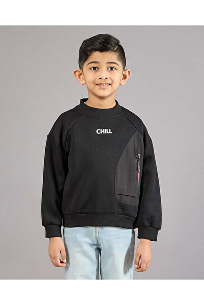 REDTAG Boys Black With Pocket Sweatshirt
