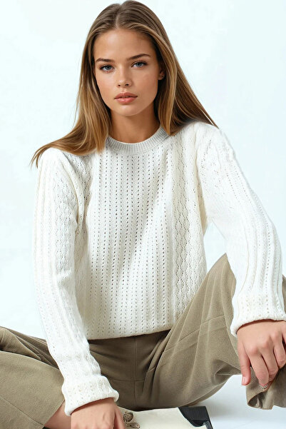 Trend Alaçatı Stili Women's Cream Openwork Patterned Ribbed Knitwear Sweater ...