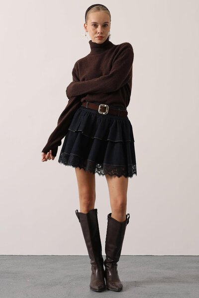 Trend Alaçatı Stili Women's Dark Blue Belted Lace Detailed Flared Denim Skirt Vs01619