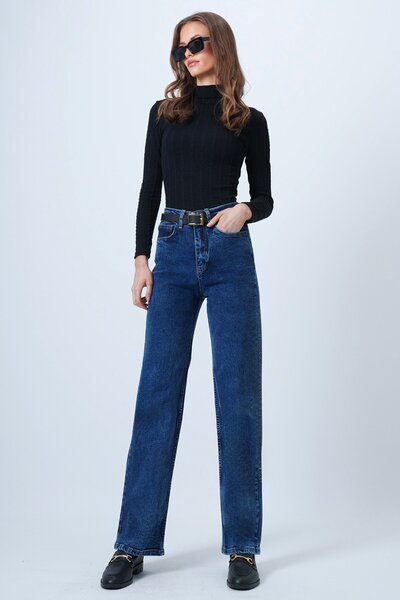 Trend Alaçatı Stili Women's Blue High Waist Straight Leg 5 Pocket Denim Pants Vs01355
