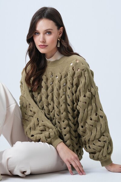 Trend Alaçatı Stili Women's Khaki Crew Neck Lace-Like Knit Knitwear Sweater V...