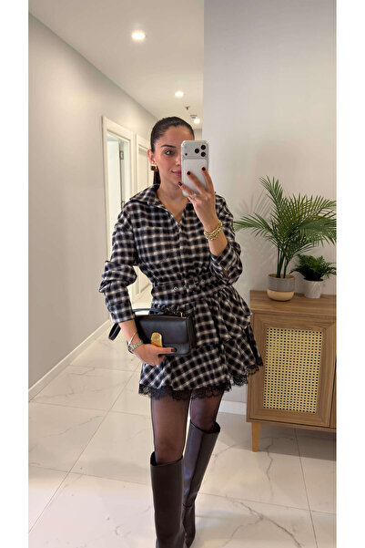 BİRCANÇİL Vitto Brown Lace Detailed Belted Plaid Dress