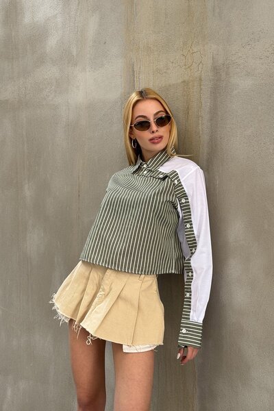 Trend Alaçatı Stili Women's Green Striped Contrast Long Sleeve Asymmetric But...
