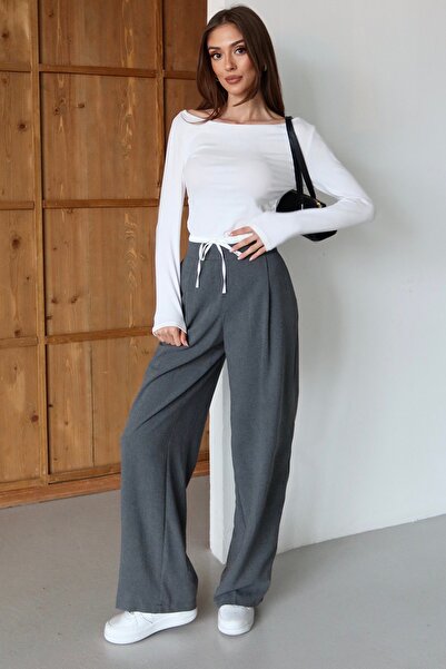 Trend Alaçatı Stili Women's Anthracite Lace-Up Double Pocket Zippered Palazzo...