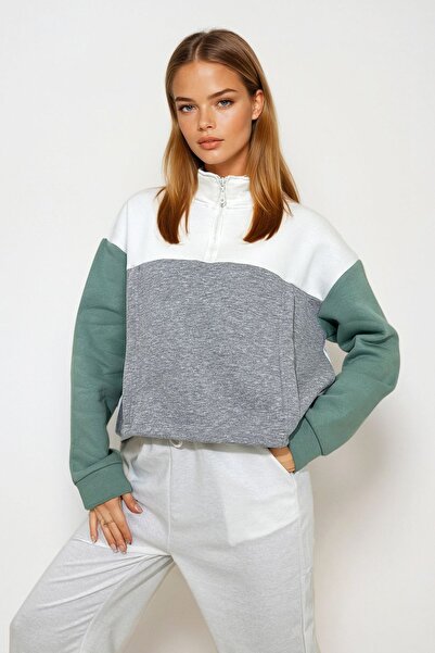 Trend Alaçatı Stili Women's Green D Mock Neck Half Zip R Color Block Sweatshirt Prm1346