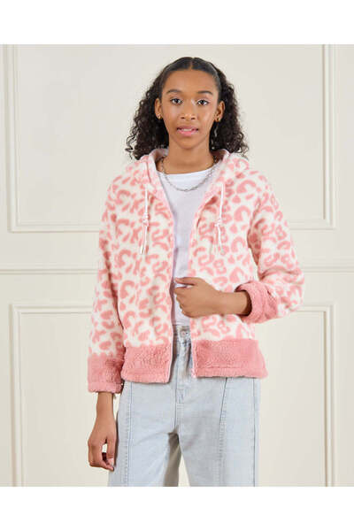 REDTAG جاكيت فرو وردي بغطاء رأس للبنات الكبيرات