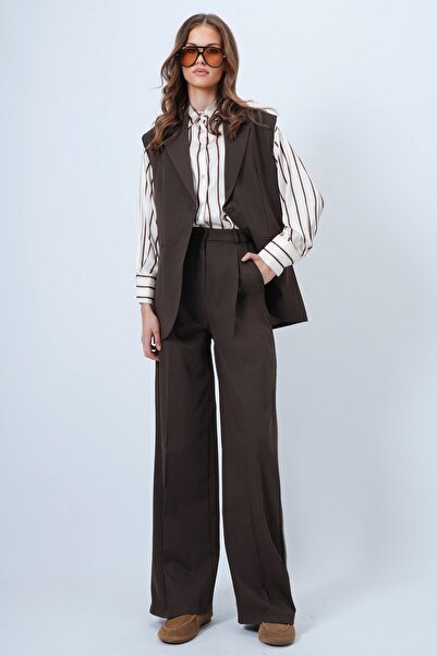 Trend Alaçatı Stili Women's Brown Single Button Double Pocket Lined Vest Pants Suit Vs01346
