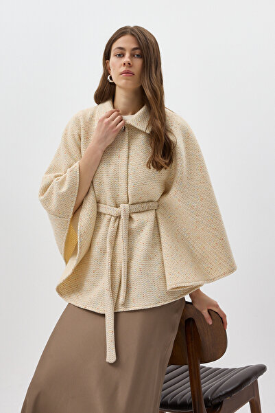 Rays Beige Shirt Collar Belted Poncho Women's Coat 3099A
