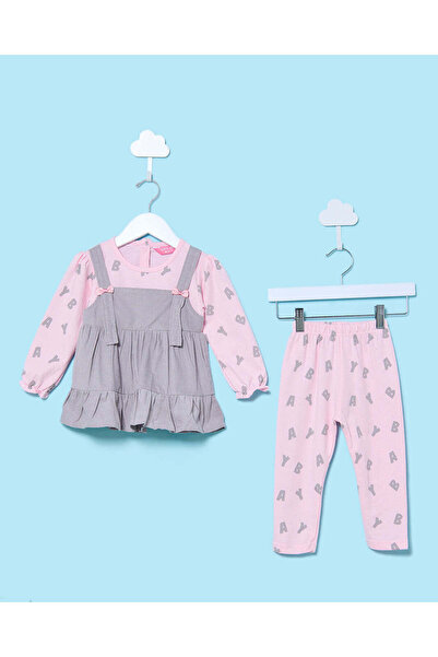 REDTAG Infant Girls Grey Printed Frok With Pink Bottom (2 Piece)