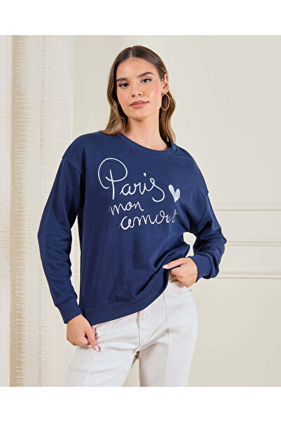 REDTAG Women Navy Paris Print Sweatshirt