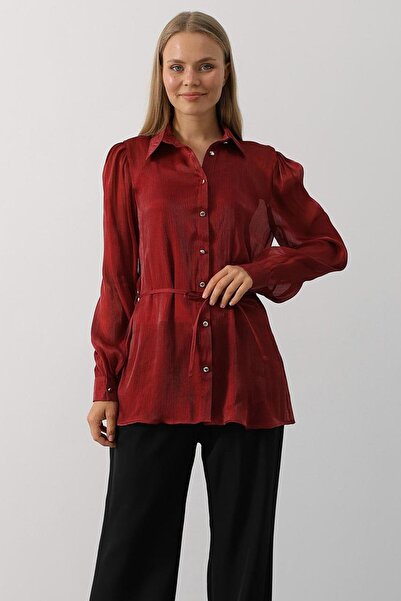 Trend Alaçatı Stili Women's Burgundy Waist-Tied Long Sleeve Oversize Shirt Vs...