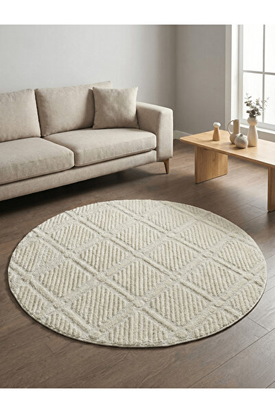 Anaska Home Modern Yuvarlak Krem Halı Kabartma Dokulu, Minimal Desenli Salon ...