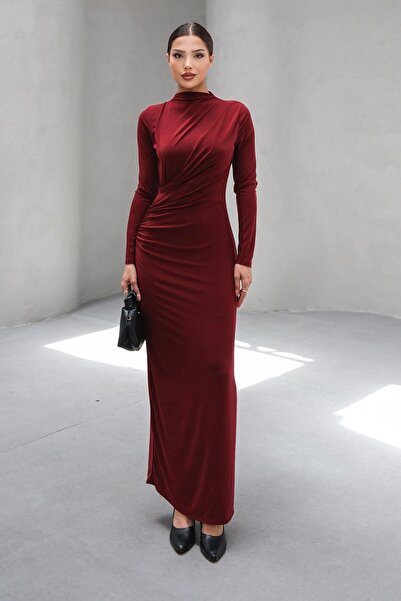 Trend Alaçatı Stili Women's Burgundy Judge Collar Drape Detailed Lined Long D...