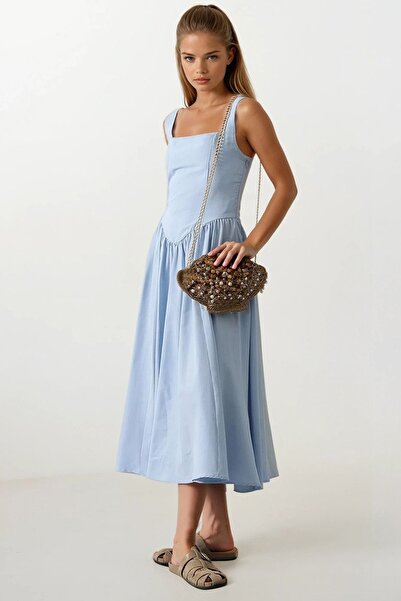 Trend Alaçatı Stili Women's Blue Suspender Skirt Pleated Maxi Length Dress Vs00624