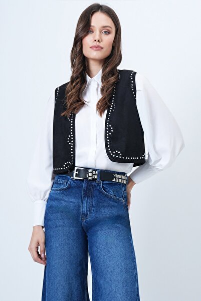 Trend Alaçatı Stili Women's Black Stone Embroidered Suede Short Vest Vs01515