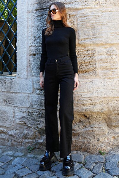 Trend Alaçatı Stili Kadın Siyah 5 Cepli Yüksek Bel Palazzo Jean Vs01211