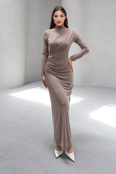 Trend Alaçatı Stili Women's Beige Hakim Collar Drape Detailed Lined Long Dres...