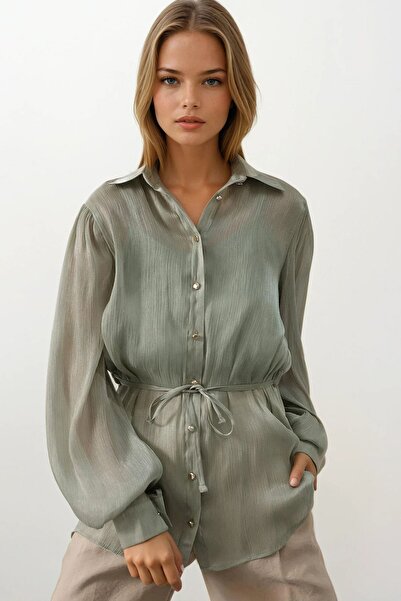 Trend Alaçatı Stili Women's Khaki Waist-Tied Long Sleeve Oversize Shirt Vs00577