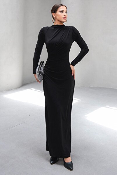 Trend Alaçatı Stili Women's Black Judge Collar Drape Detailed Lined Long Dres...