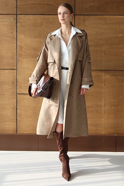 Trend Alaçatı Stili Women's Beige Button Closure Belted Suede Textured Lined Trench Coat Vs01431