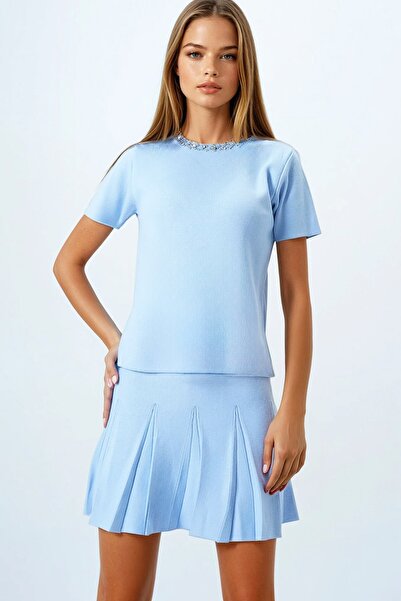 Trend Alaçatı Stili Women's Blue Collared Stone Embroidered Blouse and Pleate...