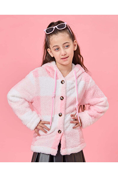 REDTAG Girls Pink Checkered Hooded Jacket