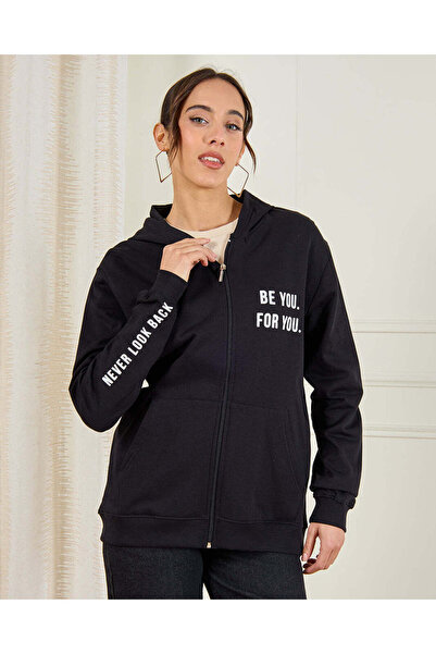 REDTAG Women Black Hooded Active Sweatshirt