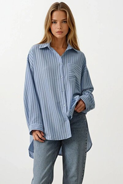 Trend Alaçatı Stili Women's Baby Blue Striped Single Pocket Oversized Shirt V...