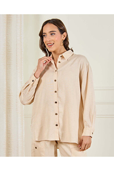 REDTAG Women Beige Button Down Shirt Blouse