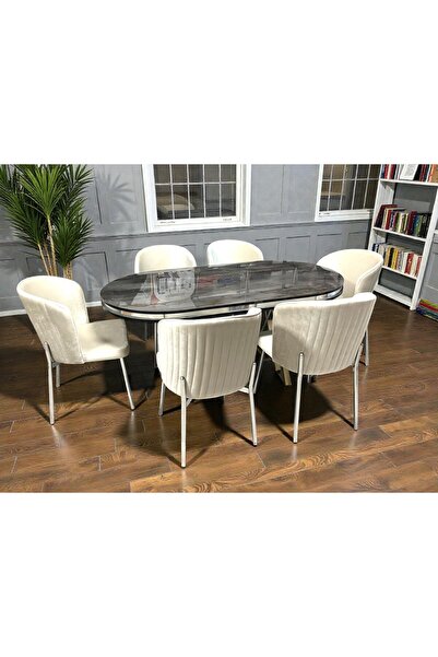 MSY HOME 6 Kişilik Berya İroni Oval Masa Krom Ayak Yönsüz Kumaş Modern Ve Şık...