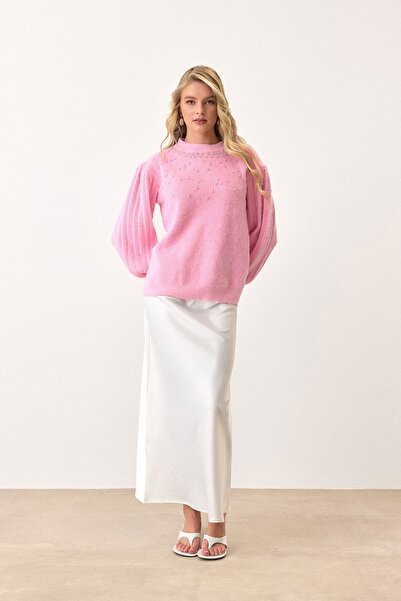 VAGGON Pulover de tricotat roz pentru femei, cu decolteu rotund, cu perle Vs0...