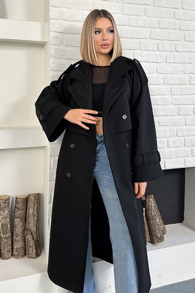 Trend Alaçatı Stili Women's Black Oversized Belted Double Button Unlined Long Coat Vs01605