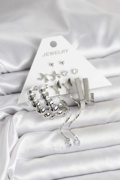 shopwave طقم أقراط نسائية من النحاس الفضي مكون من 6 قطع - TJ-BKP11330