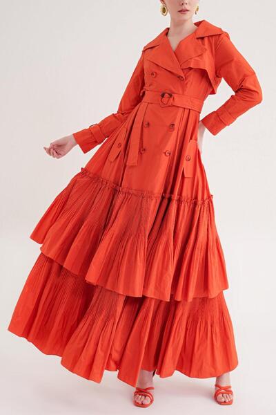 SOCIETA Turuncu Pilise detaylı trenç elbise 94640