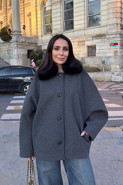 MAGARDE Batwing Sleeve Fur Collar Cashmere Coat - Anthracite