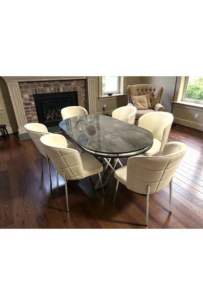 MSY HOME 6 Kişilik Serya İroni Oval Masa Krom Ayak Yönsüz Kumaş Modern Ve Şık...