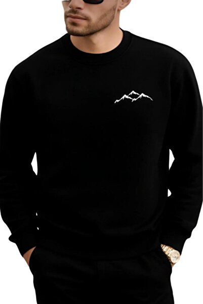 NO 601 Men's Black Dağ Printed Crew Neck Sweatshirt