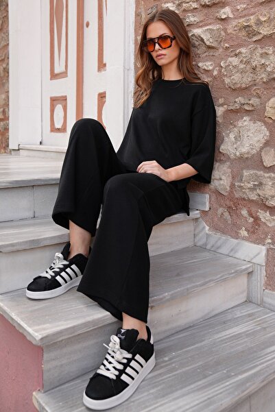 Trend Alaçatı Stili Women's Black Crew Neck Thessaloniki Knitted Blouse and P Palazzo Pants Set Vs01224