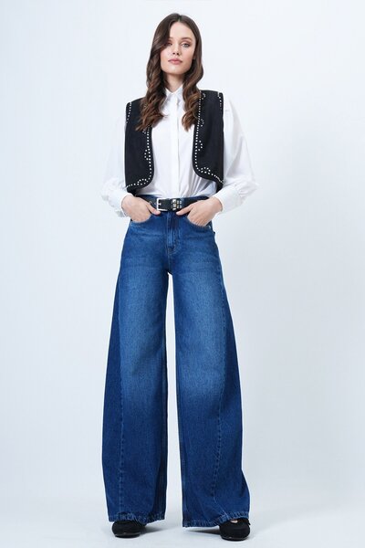 Trend Alaçatı Stili Women's Blue High Waist 5 Pocket Baggy Jean Vs01450