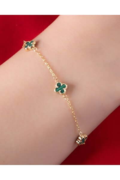 YCL JEWELLERY 8 Ayar Altın Malakit Yonca Figürlü Bileklik