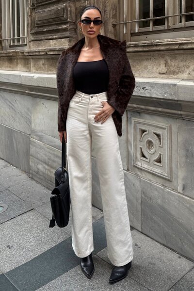 Trend Alaçatı Stili Women's Cream 5-Pocket High Waist Palazzo Jeans Vs01638