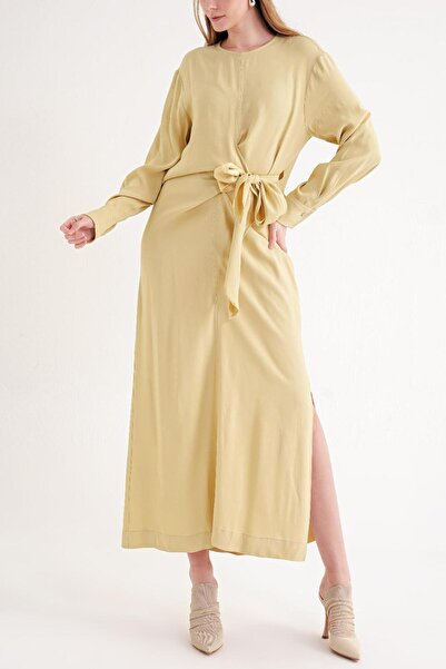 SOCIETA Sarı Kruvaze detaylı yırtmaçlı midi boy elbise 94448