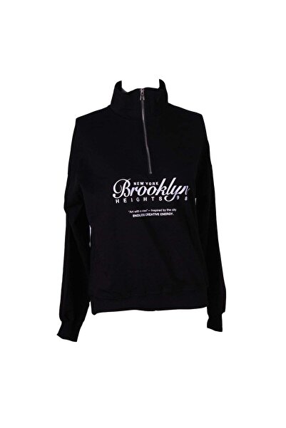 trender Brooklyn Half Zipper 2 Thread Black Women's Sweatshirt 26Ydt1000033