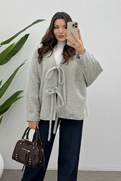 Bipantolon Women's Ice Gray Imported Cashmere Jacket with Lace Detail