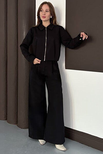 Trend Alaçatı Stili Women's Black Zipper Closure Lined Jacket Wide Leg Pants Set Vs01564