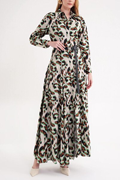 SOCIETA Desenli Kemer detaylı uzun gömlek elbise 94658